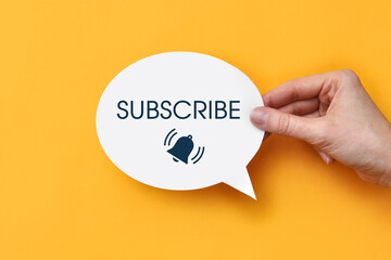 Conversational cloud is a bell icon with the inscription subscribe in it. Internet channel subscription symbol and subscription reminder