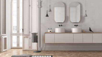 Minimalist bathroom in white tones in classic apartment with arched window. Contemporary cabinet with washbasins, mirrors and decors, carpet, rack with towels. Modern interior design