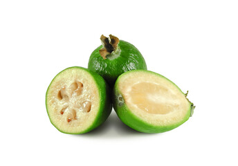 Fresh feijoa fruits (Acca sellowiana or pineapple guava) whole and cross sections isolated on white background