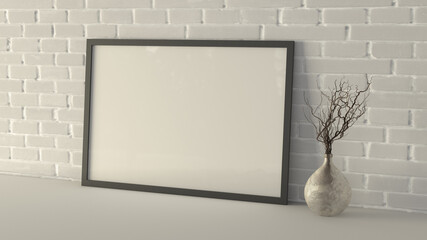 Horizontal frame poster mock up on the white table with white brick wall on background.