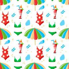 Seamless pattern of summer elements, hand-drawn in cartoon style. Cute swimsuits, umbrellas and cool cocktails on a white background. Summer fun dough background.