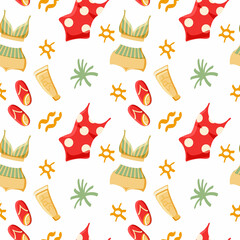 Seamless pattern of summer elements, hand-drawn in cartoon style. Cute swimsuits, flip flops and sun protection on a white background. Summer fun background for testel.