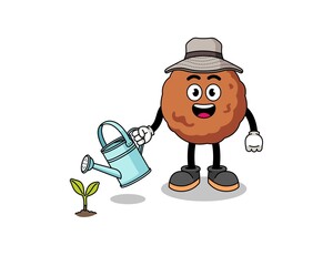 Illustration of meatball cartoon watering the plant