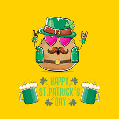 Happy saint patricks day greeting card with funky leprechaun rock star potato character with green particks hat and beer isolated on orange background. Rock n roll hipster vegetable funky character