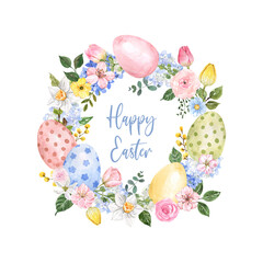 Watercolor Easter egg wreath illustration. Spring floral frame Holiday decor with hand drawn pastel colored egg, flowers, greenery, foliage, isolated on white background. © Anna Nekotangerine