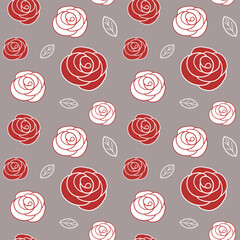 seamless pattern with white and red roses on grey background in elegant style