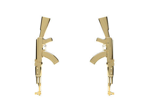 3d render two Kalashnikov rifles aimed barrel down with gold on a white background