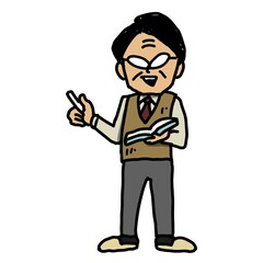 チョークと教科書を持って授業をするベテラン男性教師のイラスト
