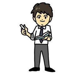 チョークと教科書を持って授業をする若手男性教師のイラスト