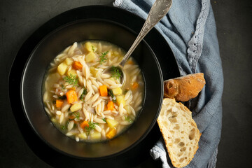 Vegetable soup.Dark rustic food photography, healthy food concept