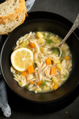 Vegetable soup.Dark rustic food photography, healthy food concept