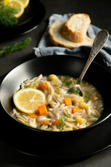 Vegetable soup.Dark rustic food photography, healthy food concept