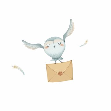 A flying owl with a letter from the school of magic. Cute cartoon style. White background. Stock illustration.