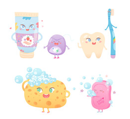 Cute hygiene characters set, funny toothpaste, toothbrush and dental floss to brush teeth