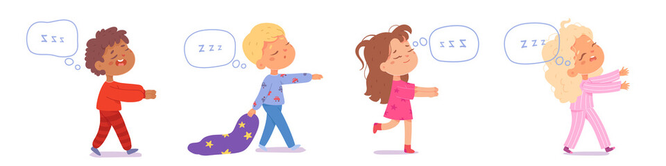 Kids sleepwalkers in pajamas set, funny little girls and boys sleepwalk at night