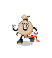 Mascot cartoon of money sack running on finish line