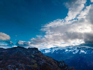 Winter sky and snow mountain. Drone (Asturias-SPAIN)