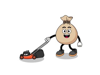 money sack illustration cartoon holding lawn mower