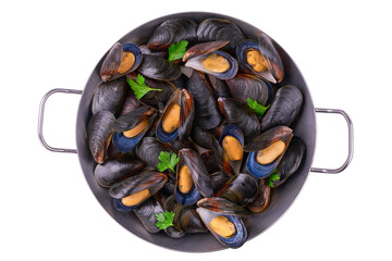 Mussels in a iron pan isolated on white background, top view.