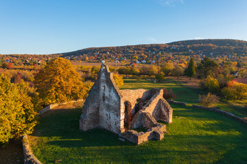 Aerial view about Ecseri Church ruins at Révfülöp. Hungarian name is Ecséri templomrom. Autumn...