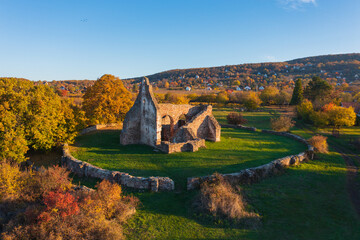 Aerial view about Ecseri Church ruins at Révfülöp. Hungarian name is Ecséri templomrom. Autumn...
