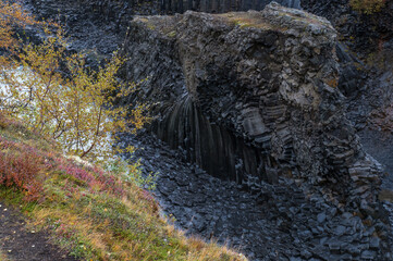 Autumn  picturesque Studlagil canyon is a ravine in Jokuldalur, Eastern Iceland. Famous columnar basalt rock formations and Jokla river runs through it.