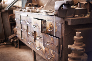 This bench has seen a lot of work. Shot of an old workbench.