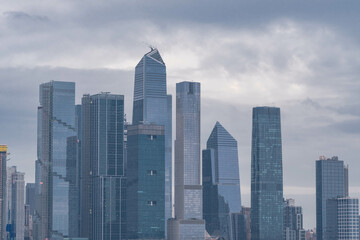 Fototapeta na wymiar Manhattan skyline overcast sky, cityscape perspective, travel tourist destination.