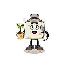 Illustration of tofu cartoon holding a plant seed