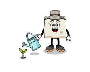 Illustration of tofu cartoon watering the plant