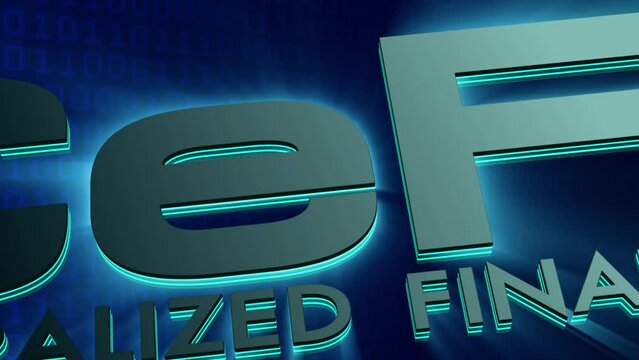 Colorful blue typography CeFi  crypto art currency concept. Centralized Finance with neon glowing light flashing on dark blue hexadecimal motion moving big data digital code running in background.