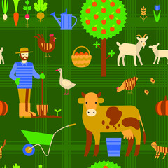 Seamless pattern with farm characters and items. Сow, cat, farmer, rooster, chickens, goose, goat, vegetables, apple tree, wheelbarrow, basket, pumpkin. Flat vector illustration on green background.