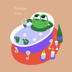 Funny green frog lying in warm bath, reading a book, relaxing. Rest and spa. Cute vector illustration isolated on beige background.