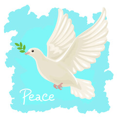 White dove with olive branch in blue sky. Vector cartoon illustration of flying pigeon. Peace bird.