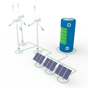 Isometric 3d render of network made of wind turbines, solar panels and battery