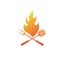 Cooking icon logo grill and spatula on a fire logo identity. Barbeque food or grill design template.