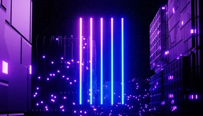 Fotobehang 3D render van neon en licht gloeien op donkere scène. Cyber punk nacht stad concept. Nachtleven. Technologie netwerk voor 5g. Voorbij generatie en futuristische scène. Sci-fi patroon thema. © TANATPON