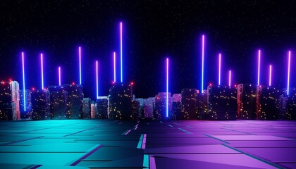 3d render of neon and light glowing on dark scene. Cyber punk night city concept. Night life. Technology network for 5g. Beyond generation and futuristic scene. Sci- fi pattern theme. © TANATPON