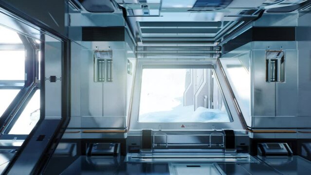 Panning camera view in the corridor of a spaceship, realistic 3d animation. It shows the interior of a spaceship.
