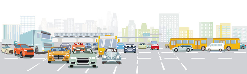 Naklejka na ściany i meble Großstadt mit Straßenverkehr im Verkehrsstau und öffentlichen Verkehrsmitteln, Illustration