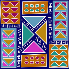 Obraz premium Ethnic carpet with geometric mosaic aztec style stripes on tile. majolica Antique interior,modern rugs,geographic print on kente clot textile.Tribal vector ornament seamless african pattern.multicolor