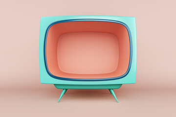 Orange or pink television entertainment vintage tv blue green pastel box 3d screen depth stand leg with empty space design for store display minimal mockup product cosmetic and shelf. 3D illustration.