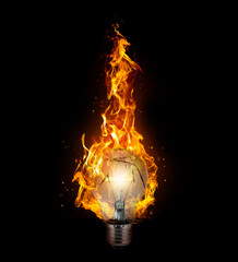 broken light bulb with flame on black background. 3d render