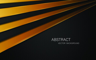 Abstract multi layer overlapping black and gold lines on dark steel mesh background with space for design. modern technology innovation concept background
