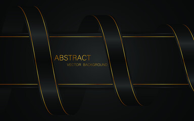Abstract black stripe with black ribbon with golden lines on black background.
