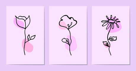 A set of minimalistic flowers from one line. With abstract background