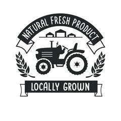 Farmers market emblem in retro style, natural fresh products from the farm. Food store logo. Farmers tractor silhouette. Locally grown slogan. Vector vintage illustration.