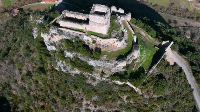 Aerial image of the Castillo de Lanos or Ocio in the Inglares River Valley. Leisure Village, Zambrana Municipality, Alava, Basque Country, Spain, Europe