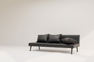 Black sofa with pillows set in the white living room there was faint sunlight shining down. render 3d illustration