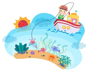 Cartoon image of fisherman cruising, surfing the sea